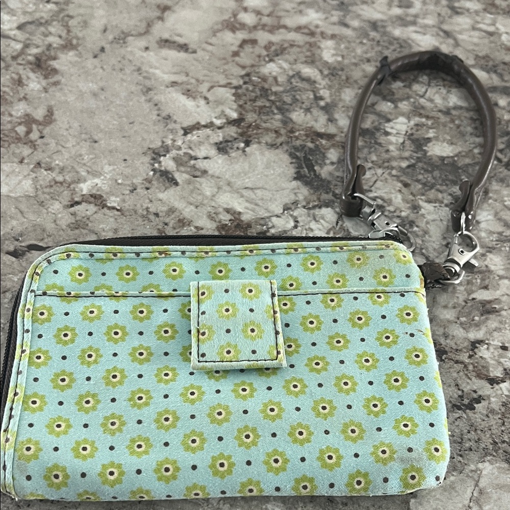 Thirty-One Green Floral Wristlet with Brown Handle
